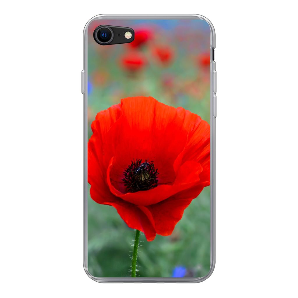 MuchoWow Handyhülle Schutzhülle Hülle für iPhone SE 2022 Lila und rote Mohnblumen auf einer Wiese Silikon Softcase Handy Hülle - Schutzhülle