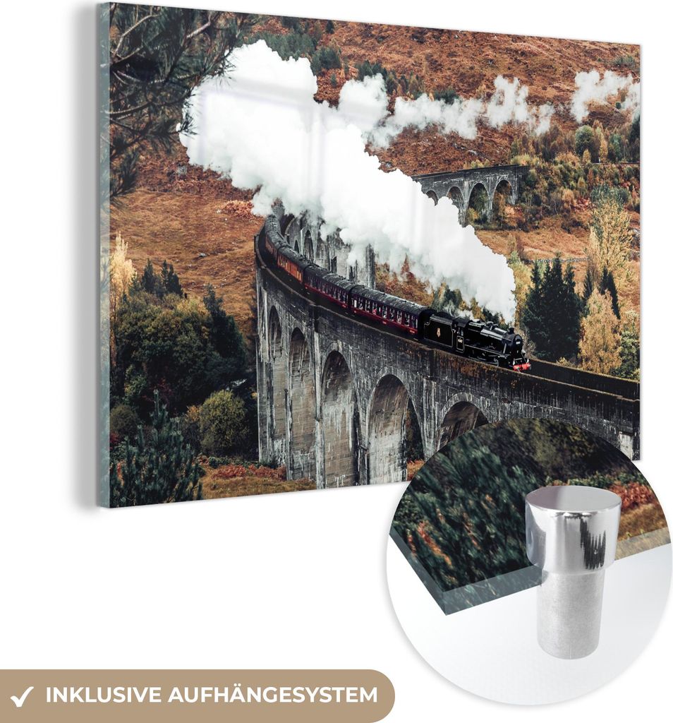 MuchoWow Glasbilder - Bilder auf Wandbild - Foto auf Glas Zug - Natur - Herbst - Architektur 90x60 cm Wanddekoration aus Glas - Acrylglasbild - Acr...