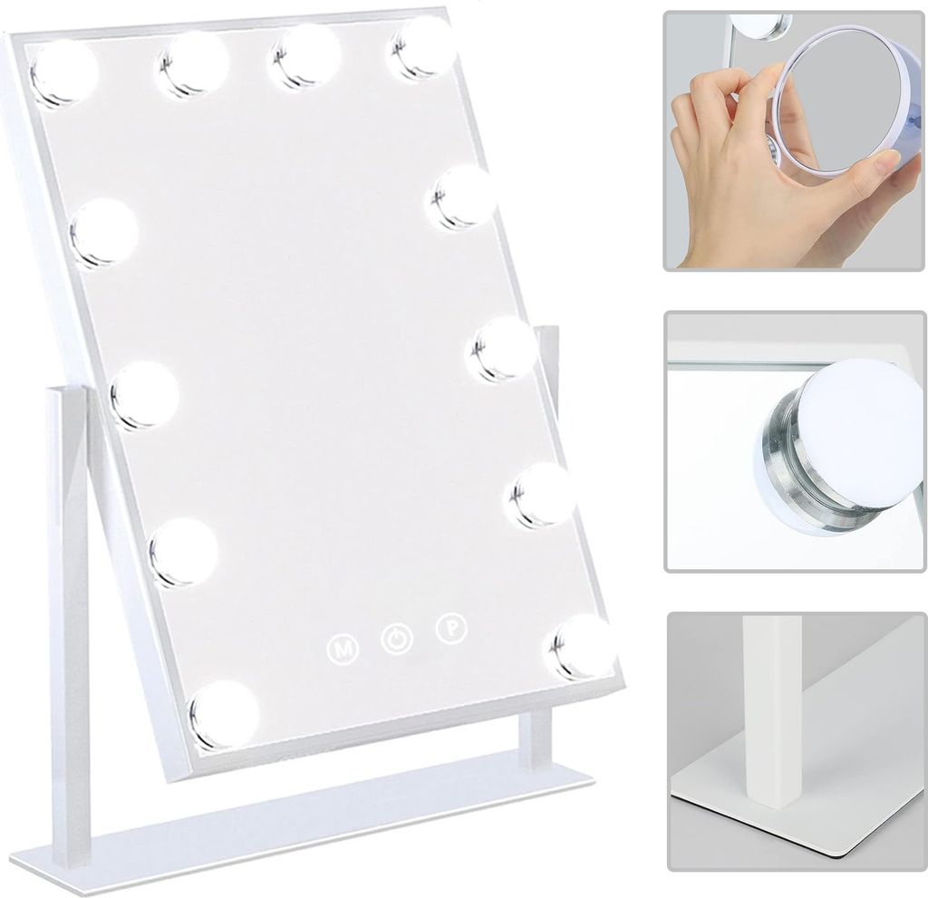 MODFU Hollywood Spiegel Schminkspiegel mit Beleuchtung 12 dimmbare LED Lampen 360° Drehbar Kosmetikspiegel mit 3 Lichtfarben 10x Vergrößerung To...