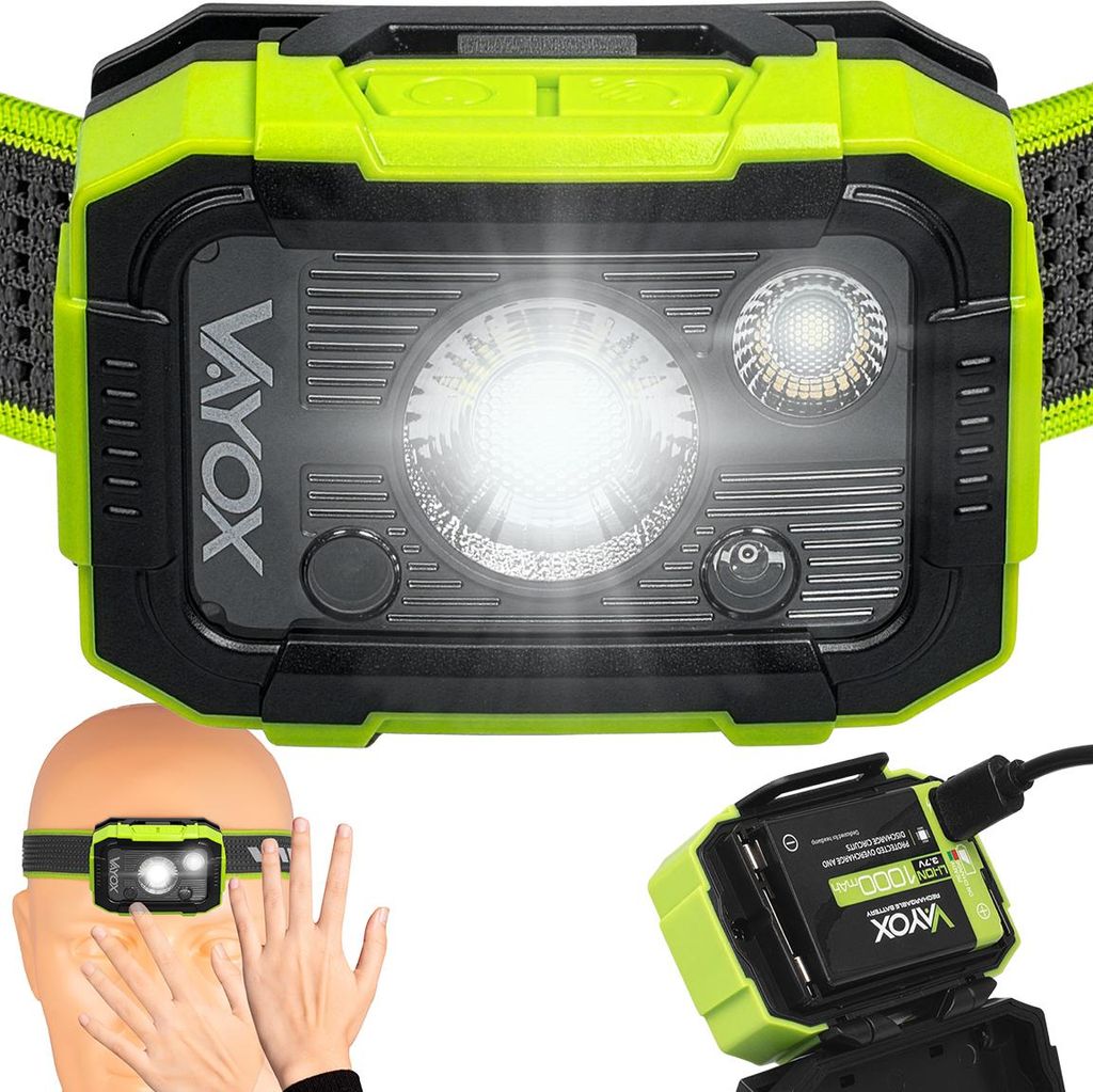 Vayox Stirnlampe VA0415 Pro Series | 500lm | OSRAM P8 + SMD | Dual Hammer | 4 Modi | USB-C | Schwarz