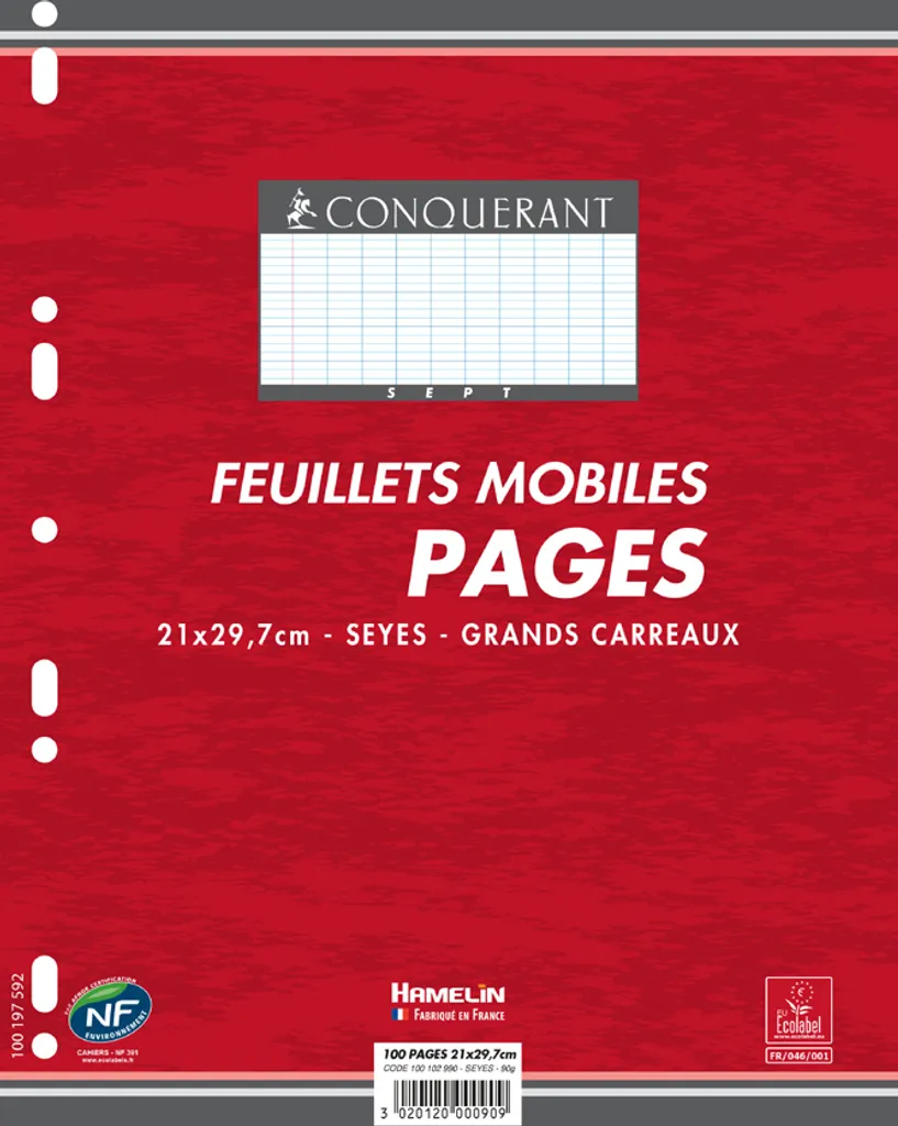 Feuilles mobiles CONQUERANT SEPT 210 x 297 mm à perforations renforcées