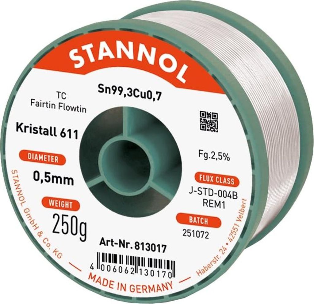 STANNOL Lötzinn Kristall 611, TC, Sn99,3Cu0,7, Fairtin Flowtin, 0,5 mm, 250 g