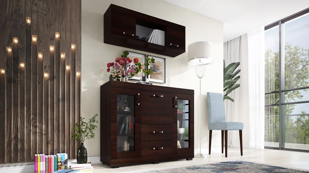 Kombikommode mit Hängeschrank LEON, Wohnzimmerset, Wohnwand, komplett vormontiert - Wenge