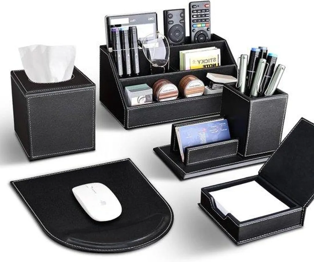 Kit de bureau pour télétravail cuir PU noir - Ensemble complet 5 pcs