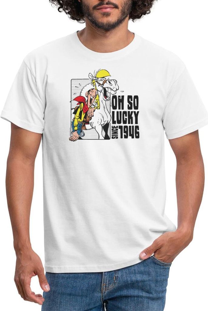 Spreadshirt Lucky Luke mit Jolly Jumper Oh so lucky Männer T-Shirt, S, Weiß