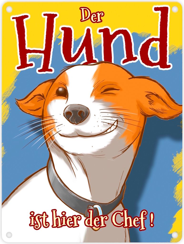 Metallschild in 15x20 cm mit süßem Hunde Motiv und Spruch - Der Hund ist hier