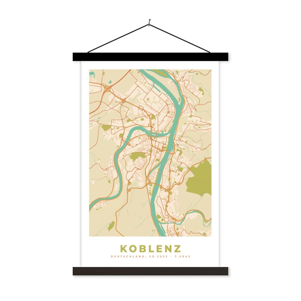 MuchoWow Textilposter Koblenz - Karte - Stadtplan - Vintage 40x60 cm mit schwarzem Rahmen - Wanddekorationen
