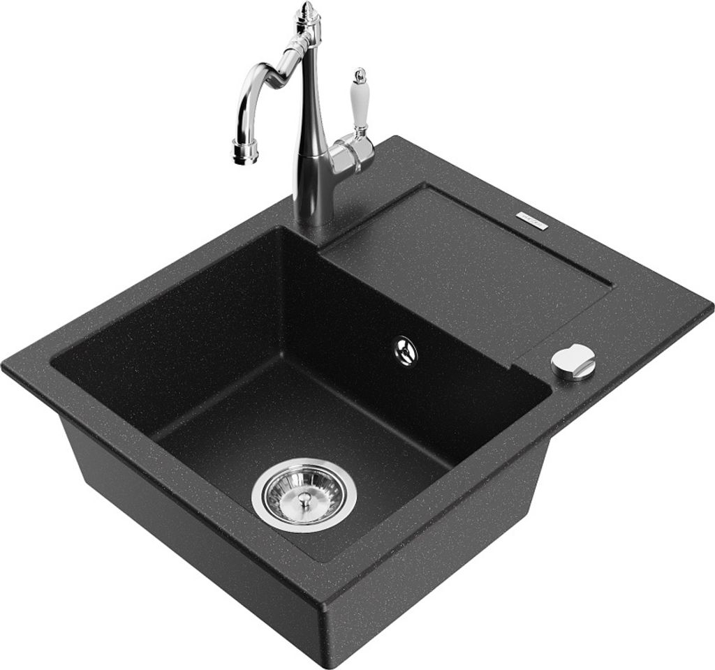 Mexen Enzo 1 Becken-Granitspüle mit Abtropffläche und Mischbatterie Carla, Schwarz/Silbermetallic - 6506-73-670700-00
