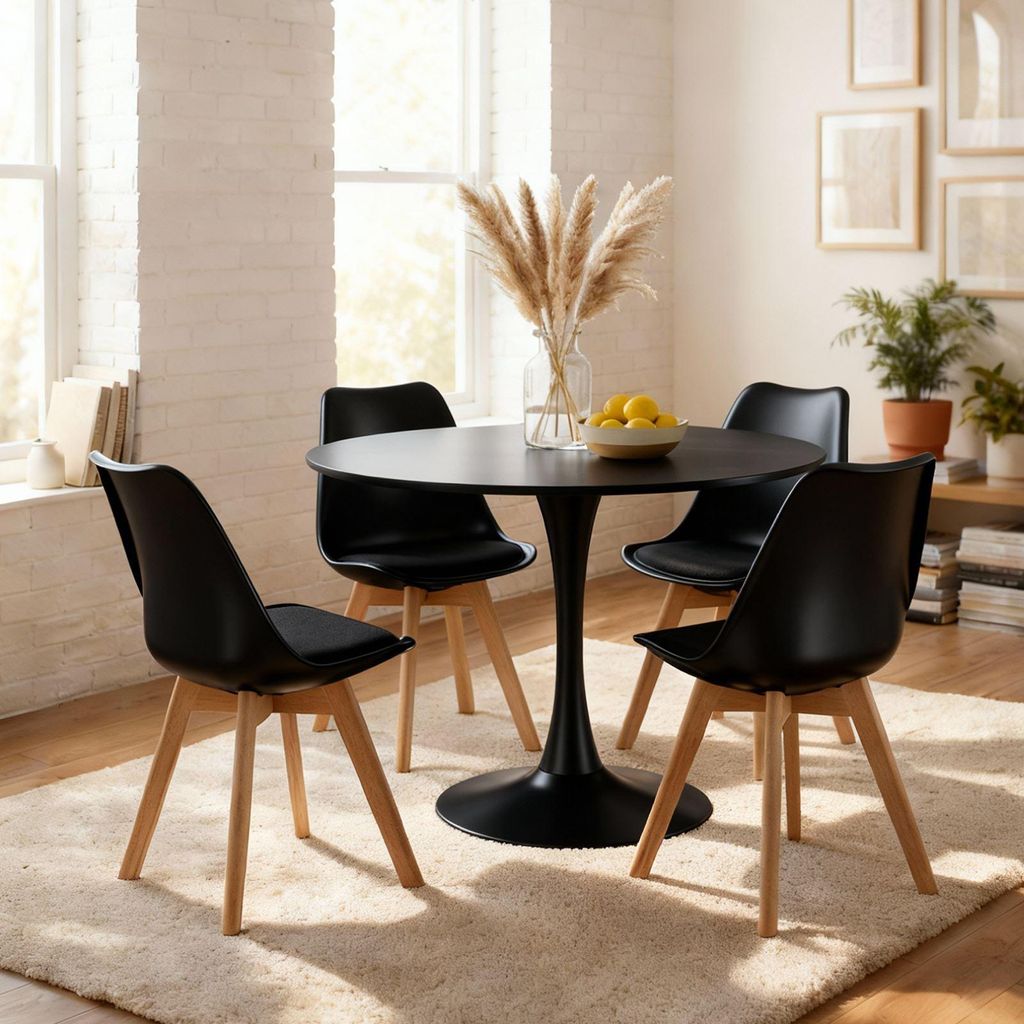 Essgruppe LOIRE mit rundem Tisch und 4 Stühlen, Schwarz - Esszimmermöbel Set, kleiner Tisch 100 cm, Schalenstühle im skandi Stil, ideal für Küche