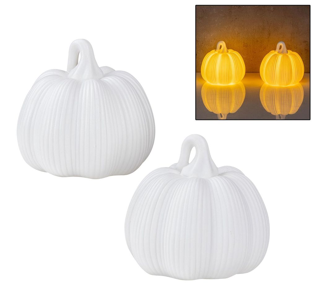 2er Set runde LED Kürbisse Weiß H11cm Timer Porzellan Tischdeko Herbstdeko Dekoleuchte Halloween Deko