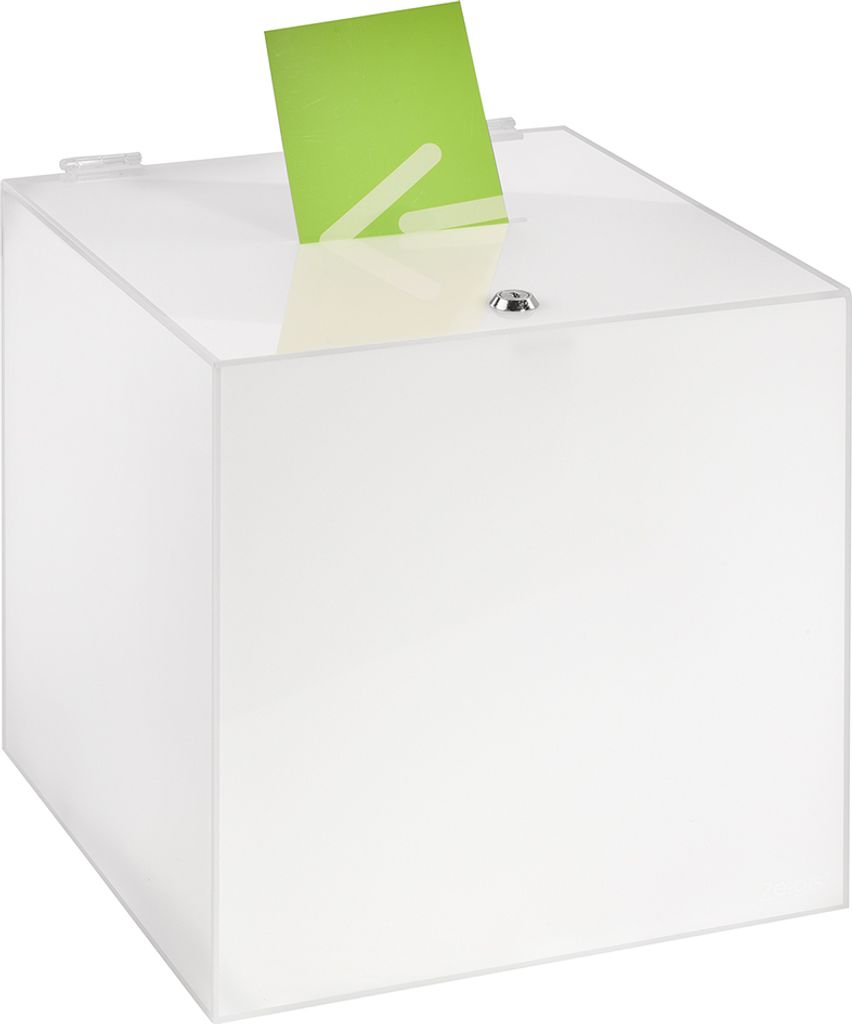 Losbox / Aktionsbox 300x300x300mm mit Schloß, aus opalem Acrylglas / Spendenbox / Einwurfbox / Gewinnspielbox / Wahlurne / Acryl / Milchglas / Opa...
