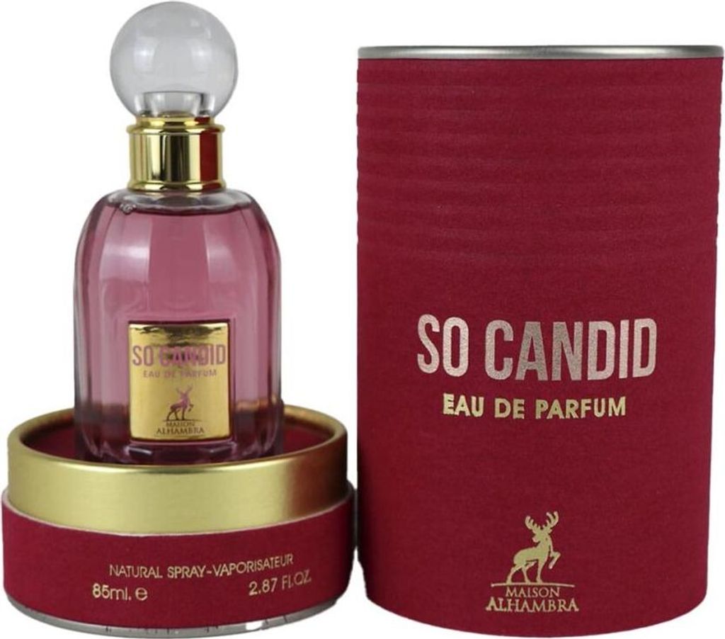 A bottle of Maison Alhambra So Candid Eau de Parfum and its cylindrical packaging.