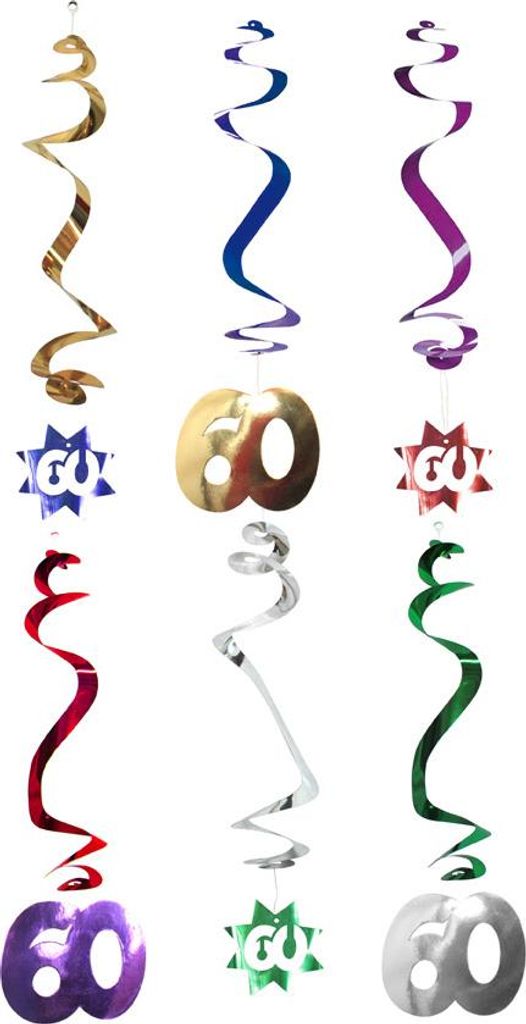 Hängespiralen Geburtstagsdeko Jubiläum Zahl 60 6 Stück bunt 61cm - Einheitsgröße