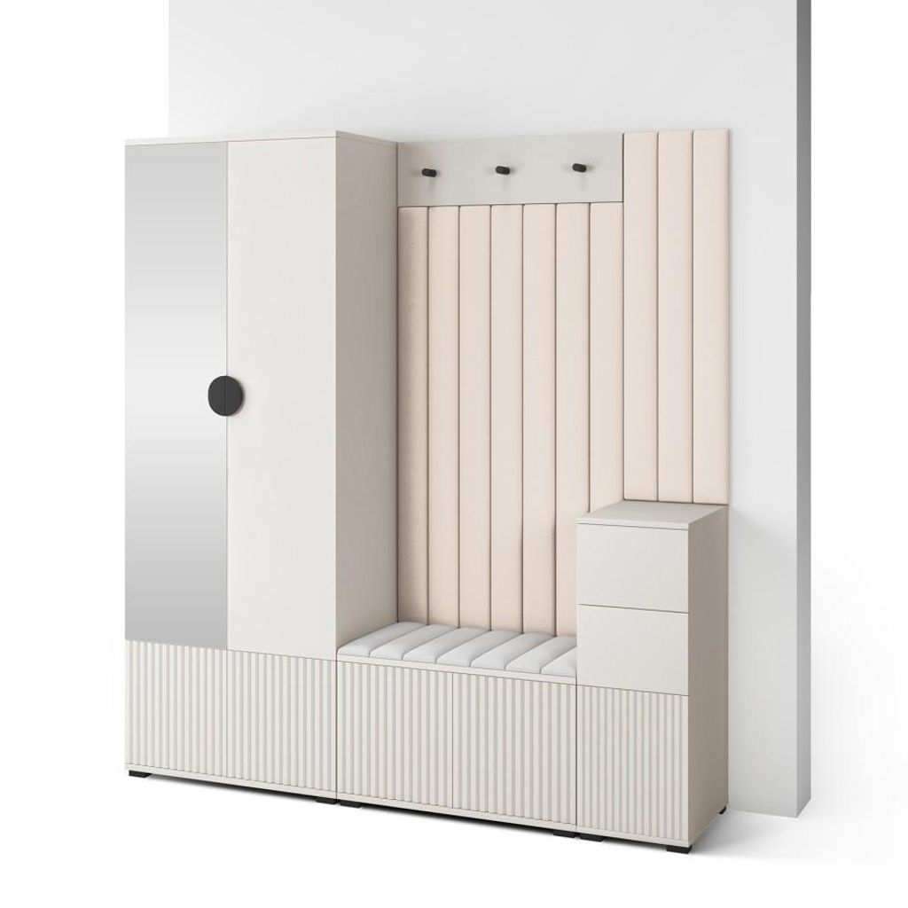 Garderoben-Set Ritmo version 7 – gefräste Kleiderschrank mit Polsterplatten, Schuhschrank, für Flur und Eingangsbereich (cashmere, Trinity 02)