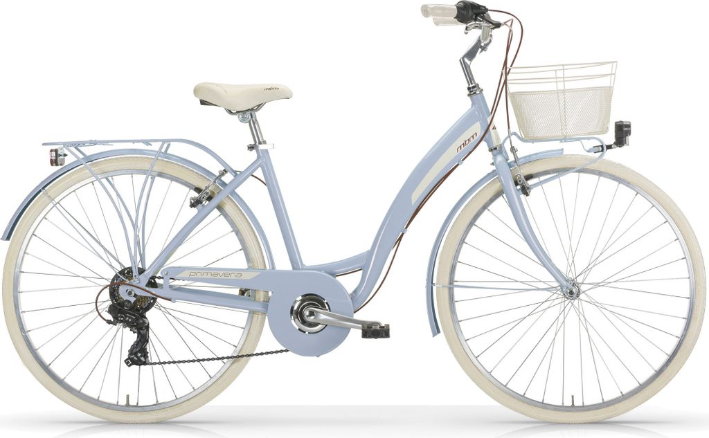 A light blue city bike with a white basket and seat, shown against a white background.