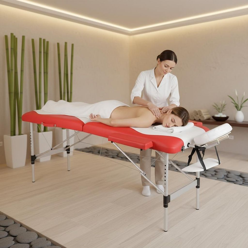 Massageliege 2-Zonen klappbar Aluminium weiß/rot Produktbild 