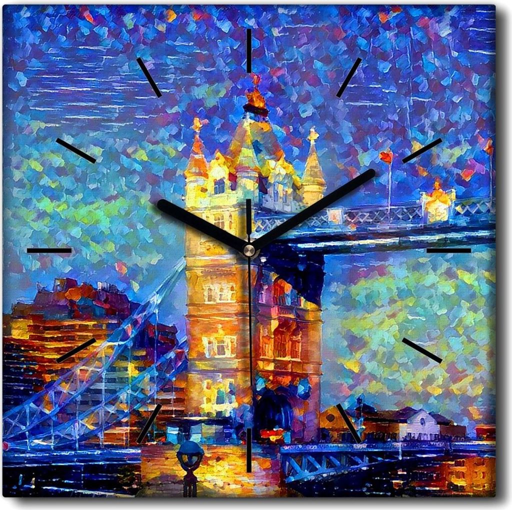 Coloray Uhr auf Leinwand 30x30 cm Wand Uhr Dekoration Wohnzimmer Segeltuch schwarze Hände -London Tower Bridge.