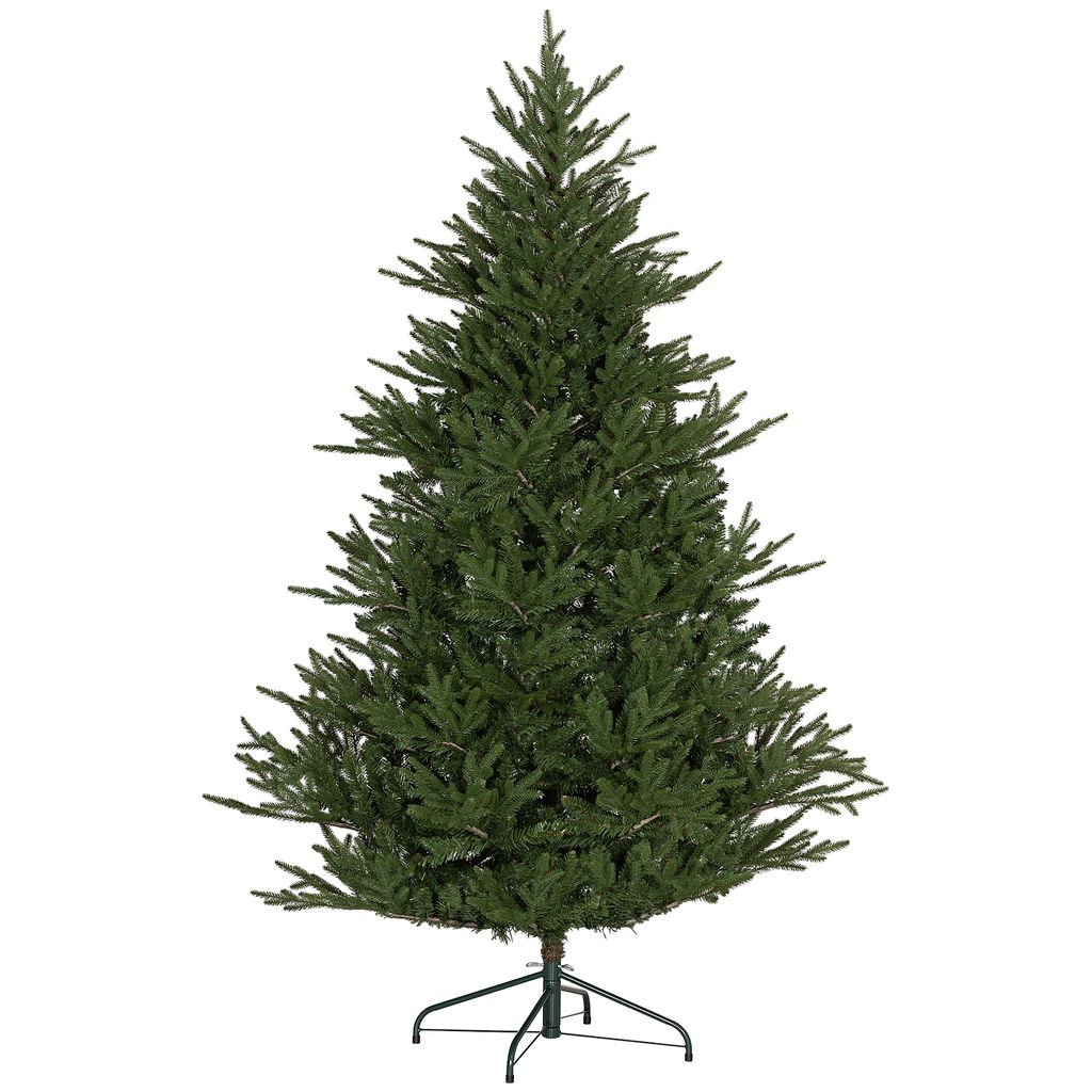 A green artificial Christmas tree on a white background.