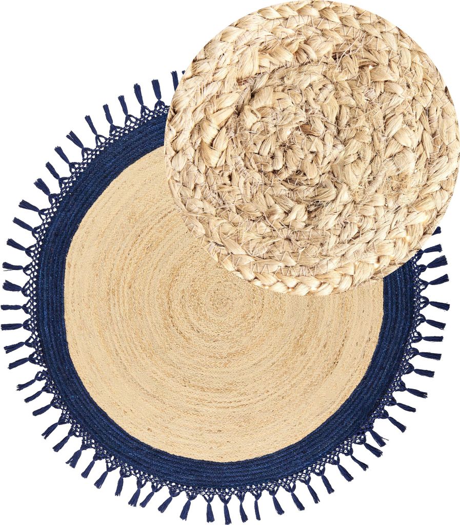 BELIANI Teppich Beige und Dunkelblau Jute Rund ø 140 cm mit Fransen Boho Rustikal Spiralform Geflochten Handgefertigt Natürlich Schlafzimmer Wohn...