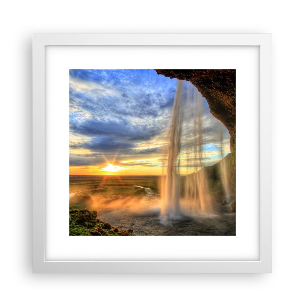 Gerahmtes Poster - Weißer Rahmen - Wasserfall Natur Park Sonne - 30x30 cm - Wand Bild - Wanddeko - Wandbilder - Wandposter - Bilderrahmen - Bilder...