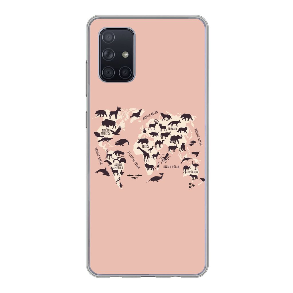 MuchoWow Handyhülle Schutzhülle Hülle für Samsung Galaxy A51 5G Weltkarte - Tiere - Scherenschnitt Silikon Softcase Handy Hülle - Abbildung