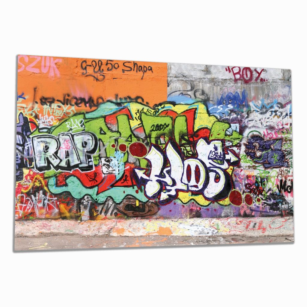 Wallario Herdabdeckplatte aus Glas, Größe 80 x 52 cm 1-teilig, Motiv RAP-Graffiti- Wand mit verschiedenen Tags