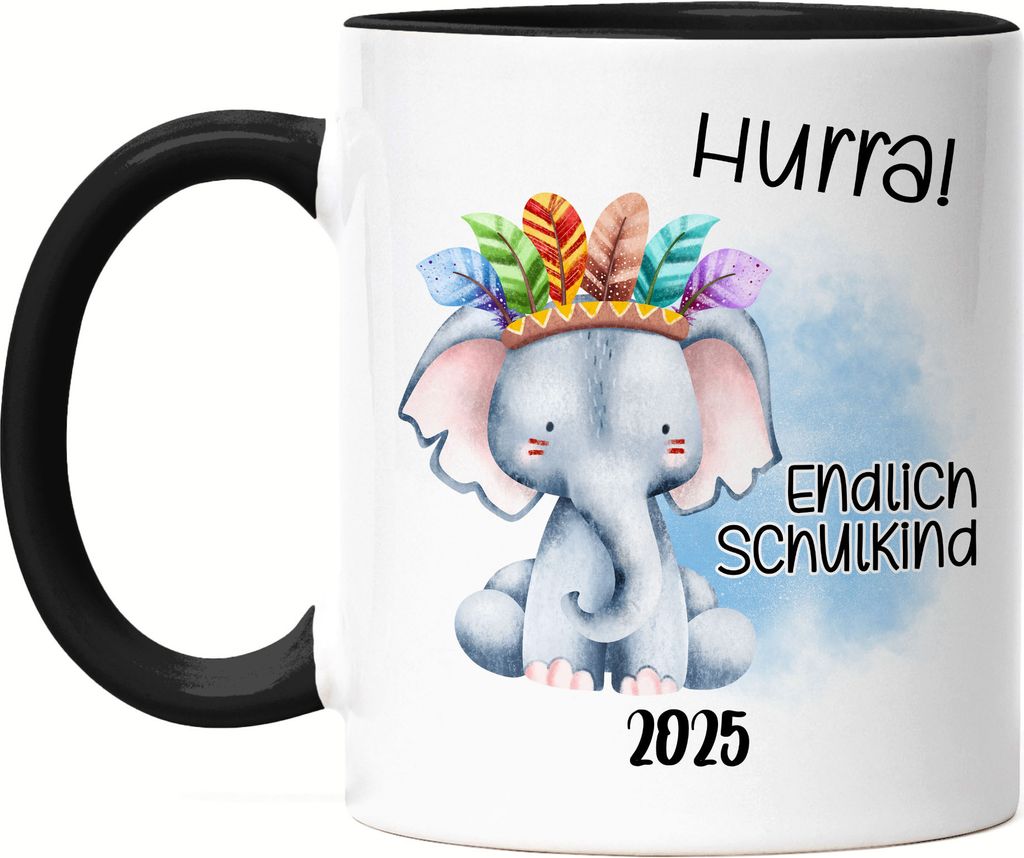 Endlich Schulkind 2025 Elefant Tasse Schwarz Einschulungs-Geschenk Erstklässler Schulanfang
