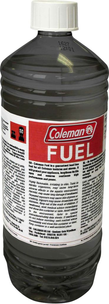 A bottle of Coleman Fuel with its label visible.