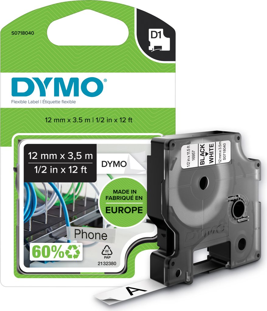 DYMO Original D1 Hochleistungs-Etikettenband | schwarz auf weiß |12 mm x 3,5 m | permanent haftendes Nylon- Schriftband | für LabelManager-Beschr...