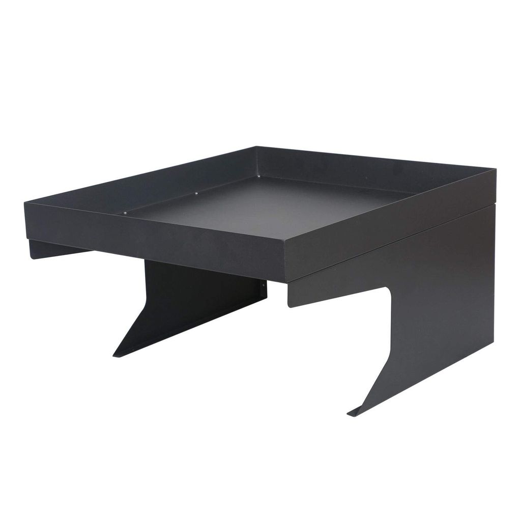 A black metal garage for a robotic lawnmower, shown from a side-angle on a white background.