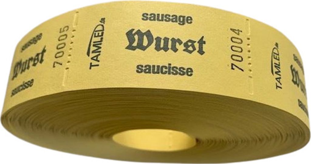 Bonrolle Wurst gelb dreisprachig 1000 Abrisse perforiert fortlaufend nummeriert