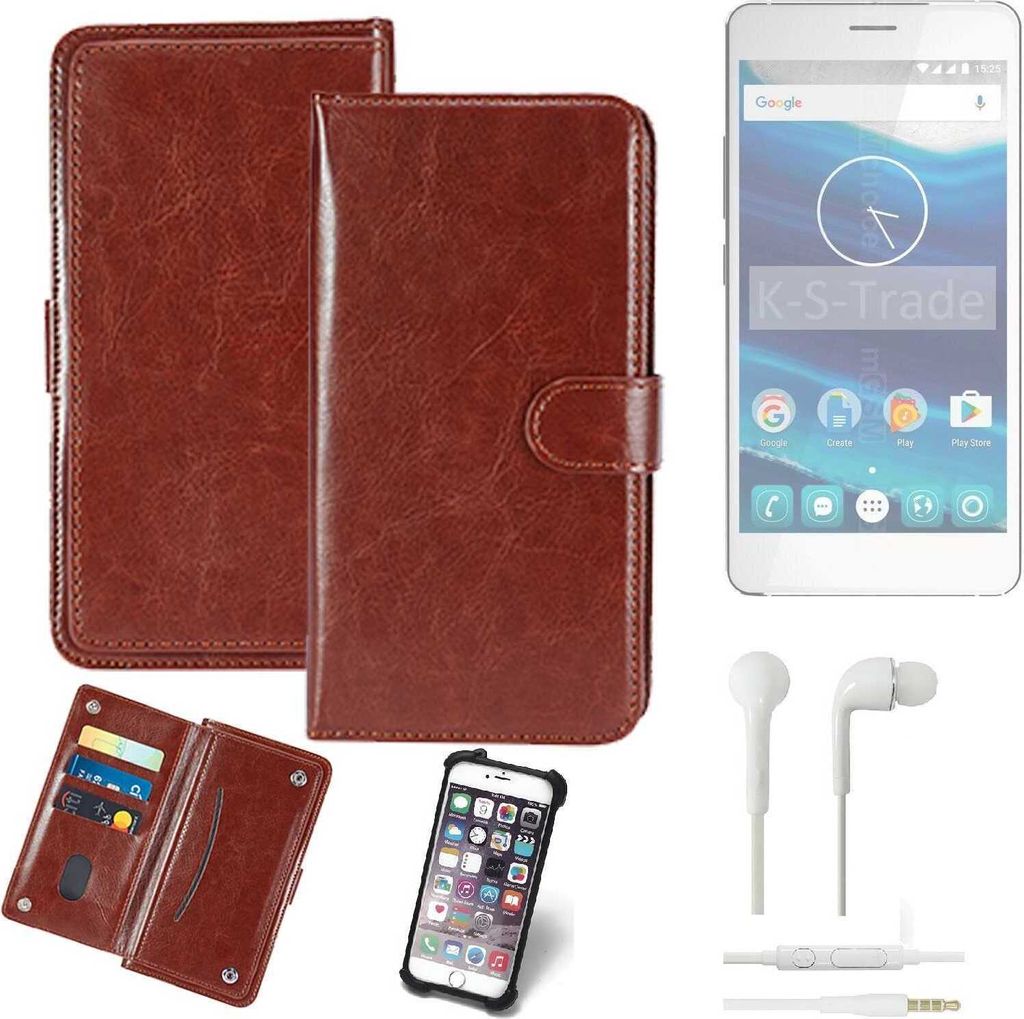 K-S-Trade 360° Hülle kompatibel mit Qilive Q5.5 inkl. Headphones braun Kunstleder Case BookCase WalletCase Kunstlederederhülle Handyhülle,