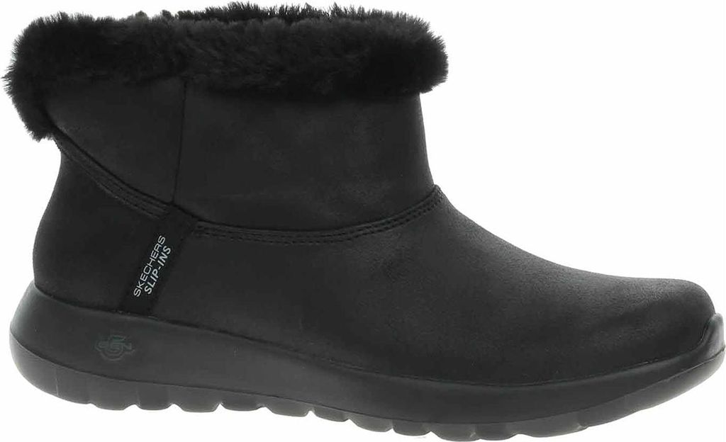 A black Skechers boot with faux fur trim.
