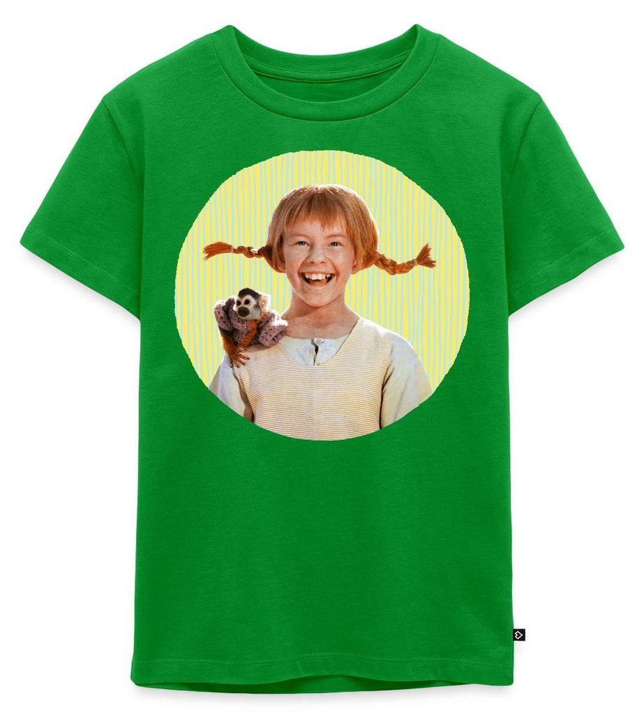 Spreadshirt Pippi Langstrumpf Mit Herr Nilsson Portrait Kinder Premium T-Shirt, 98/104 (2 Jahre), Grün