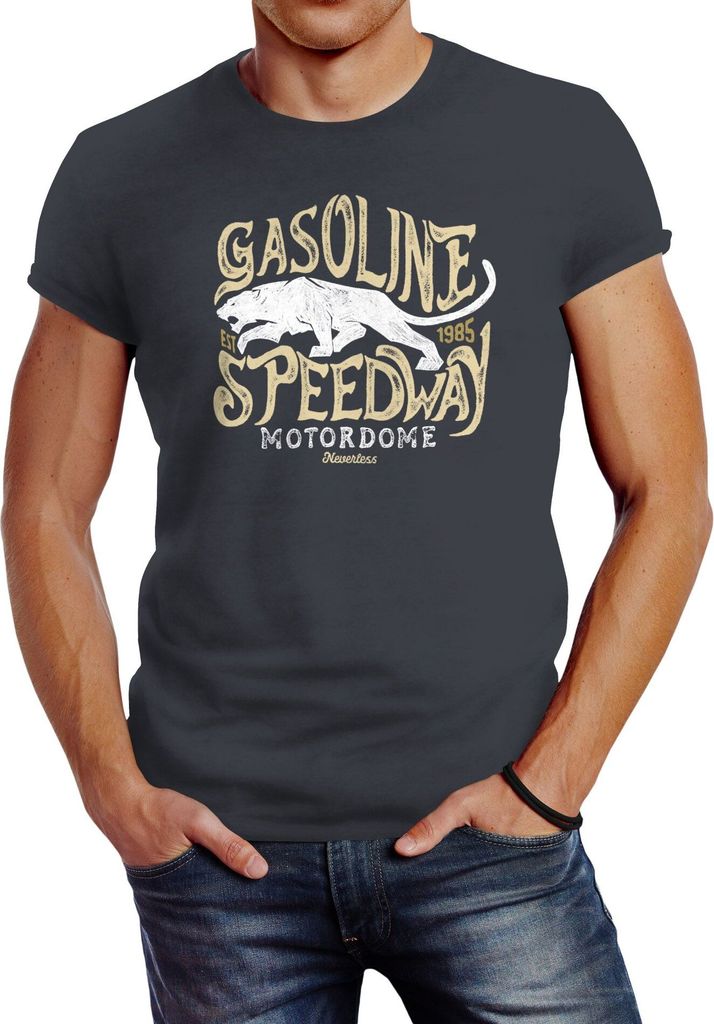 Herren T-Shirt Gasoline Speedway Panther vintage Motiv Printshirt Slim Fit Neverless dunkelgrau M