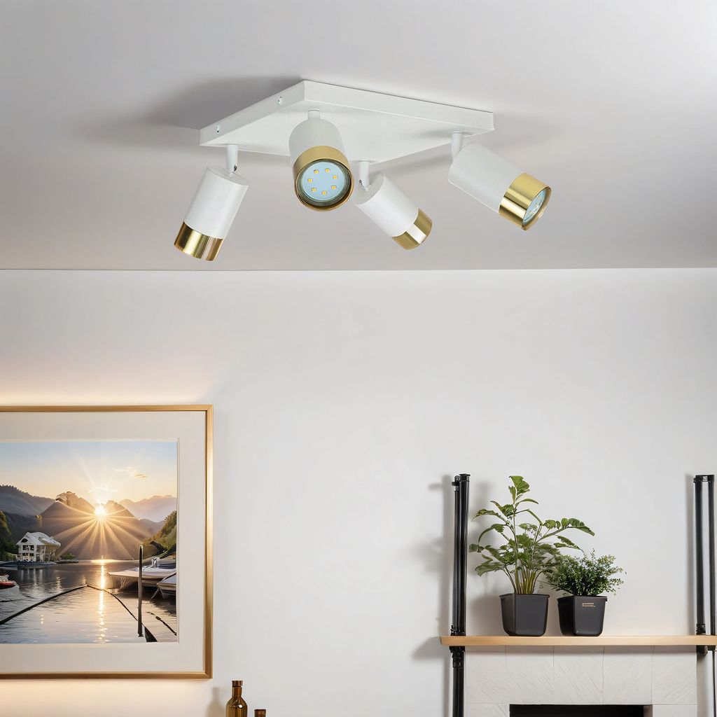 Deckenspot Aluminium GU10 verstellbar 25 cm breit in Weiß Gold 4-flammig Spot Lampe Decke