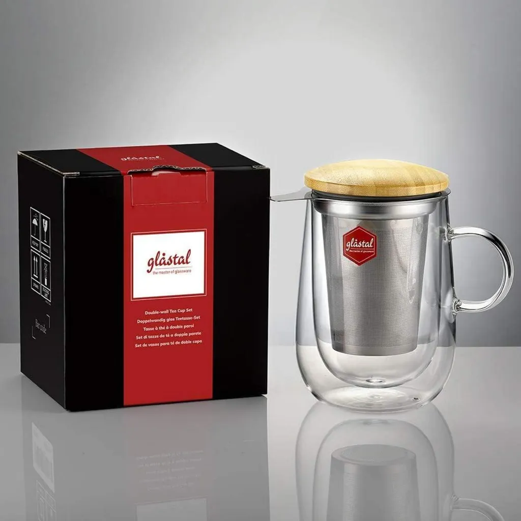 Relaxdays Tazza Da Tè Con Infusore In Acciaio Inox, Bicchiere Per Infusi Coperchio Bambu 430 Ml Parete Doppio Vetro 85725070