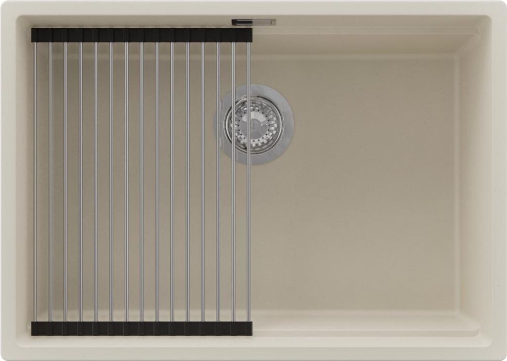 PRIMAGRAN Spülbecken Beige 66x47cm, Granitspüle 1 Becken + Ablauf-Set + Aufrollbare Abtropffläche, Küchenspüle ab 70er Unterschrank - Praga Slim