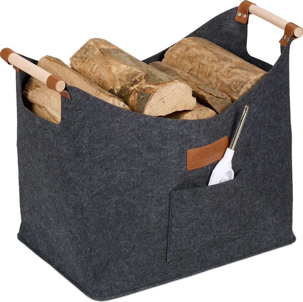 Relaxdays Kaminholzkorb Filz, 50L, Feuerholzkorb mit Tragegriffen, HBT: 40x51x32 cm, Filzkorb für Brennholz, innen, grau