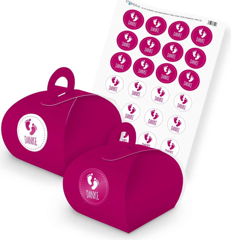 itenga SET Danke Fußabdrücke (Motiv 30) 24x Geschenkschachtel mit Griff pink + S
