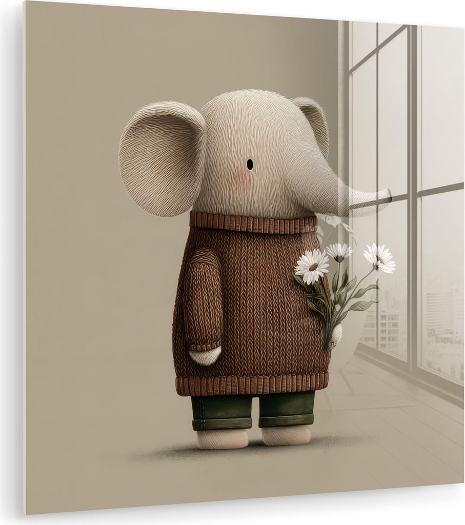 MuchoWow Glasbilder - Bilder auf Wandbild - Foto auf Glas Elefant - Weiße Blumen - Kinderfreundlich 50x50 cm Wanddekoration aus Glas - Acrylglasbi...