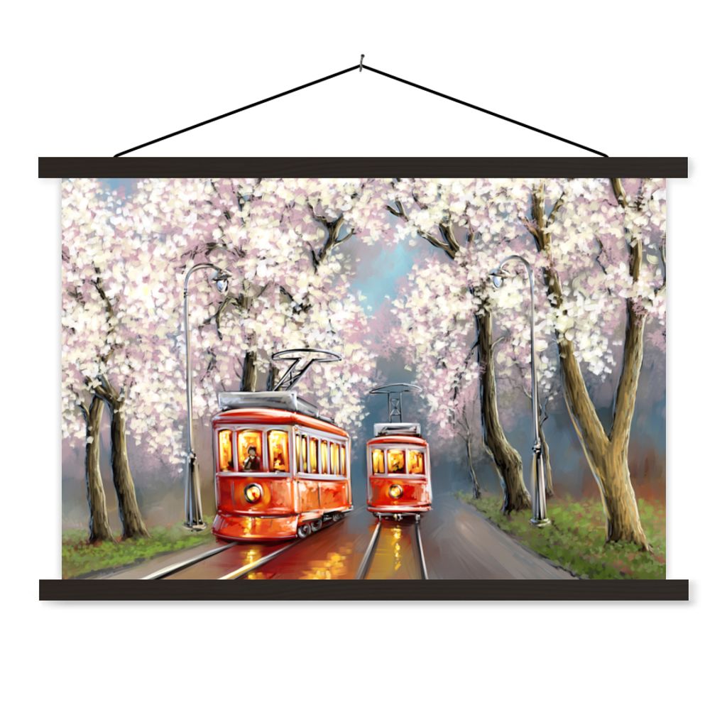 MuchoWow Textilposter Gemälde - Ölgemälde - Straßenbahn - Blühender Baum 60x40 cm mit schwarzem Rahmen - Hölzernes