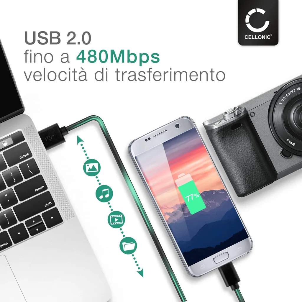 Cavetto Ricarica JBL Rapido Micro USB 2A CELLONIC 1m Nero Alta Qualità - 4