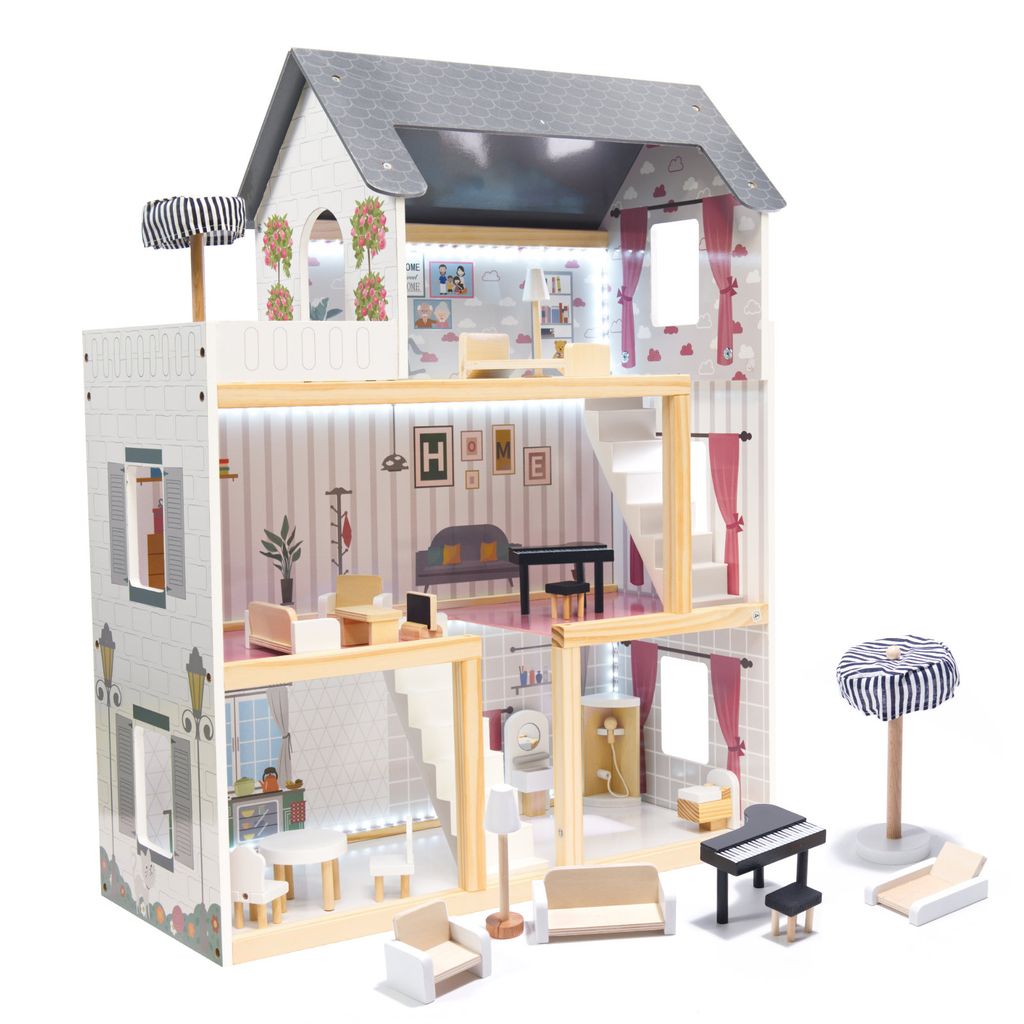 Puppenhaus XXL Großes Set aus Holz LED Beleuchtung Spiel Haus Groß mit Möbel 