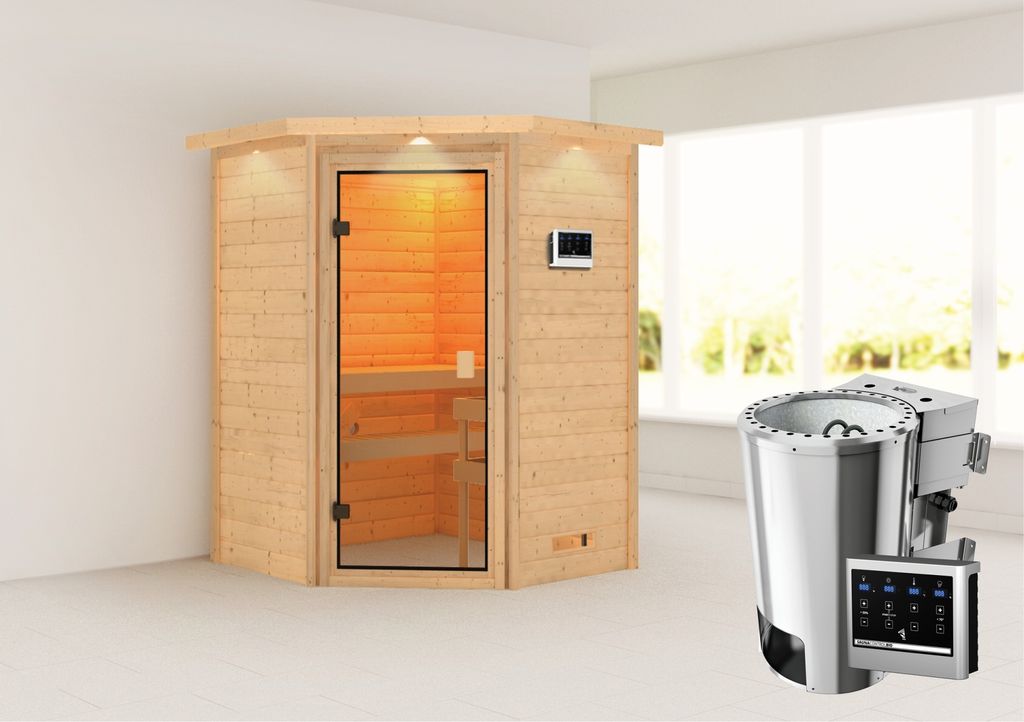 Karibu Sauna Innensauna Antonia Eckeinstieg Ofen 3,6 kW -Ofen externe Strg. easy 173x159x191 cm mit Dachkranz