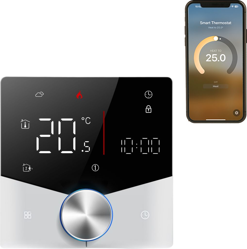 Kabelloser Matter-Thermostat zur Warmwasserbereitung im Haus mit App- und Sprachassistent-Steuerung, farbenfroher digitaler LED-Touchscreen, einste...