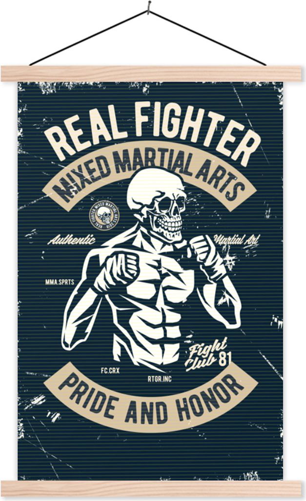 MuchoWow Textilposter Kampfsport - Skelett - Retro - Zitat 60x90 cm mit holzfarbenen Rahmen - Textil