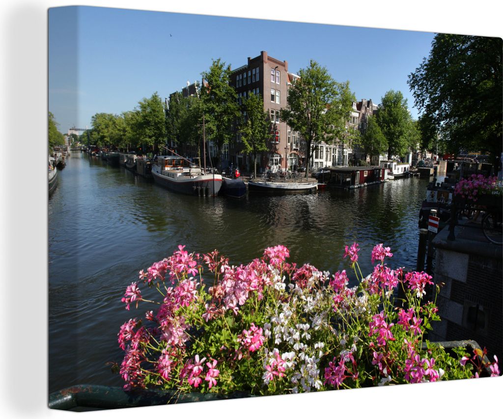 OneMillionCanvasses - Leinwandbilder - 140x90 cm, Amsterdamer Grachtenhäuser mit Blumen, Wandbilder Kunstdruck Wanddekoration - Foto auf Leinwan...