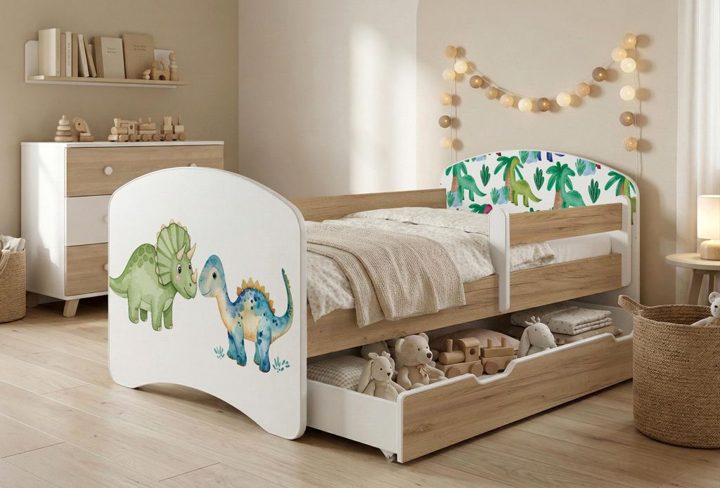 Happy Babies Kinderbett mit Rausfallschutz Junge 140x70 Bett für Kinderzimmer mit Schublade Matratze Einzelbett für Kinder, Gold, Bunte Aufkleber