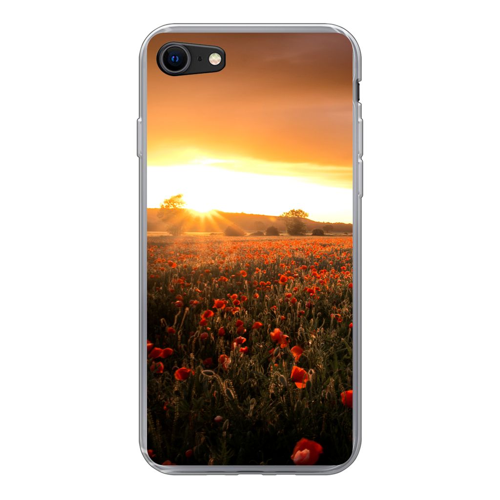 MuchoWow Handyhülle Schutzhülle Hülle für iPhone SE 2020 Sonnenuntergang über den Mohnblumen in England Silikon Softcase Handy Hülle - Kart...